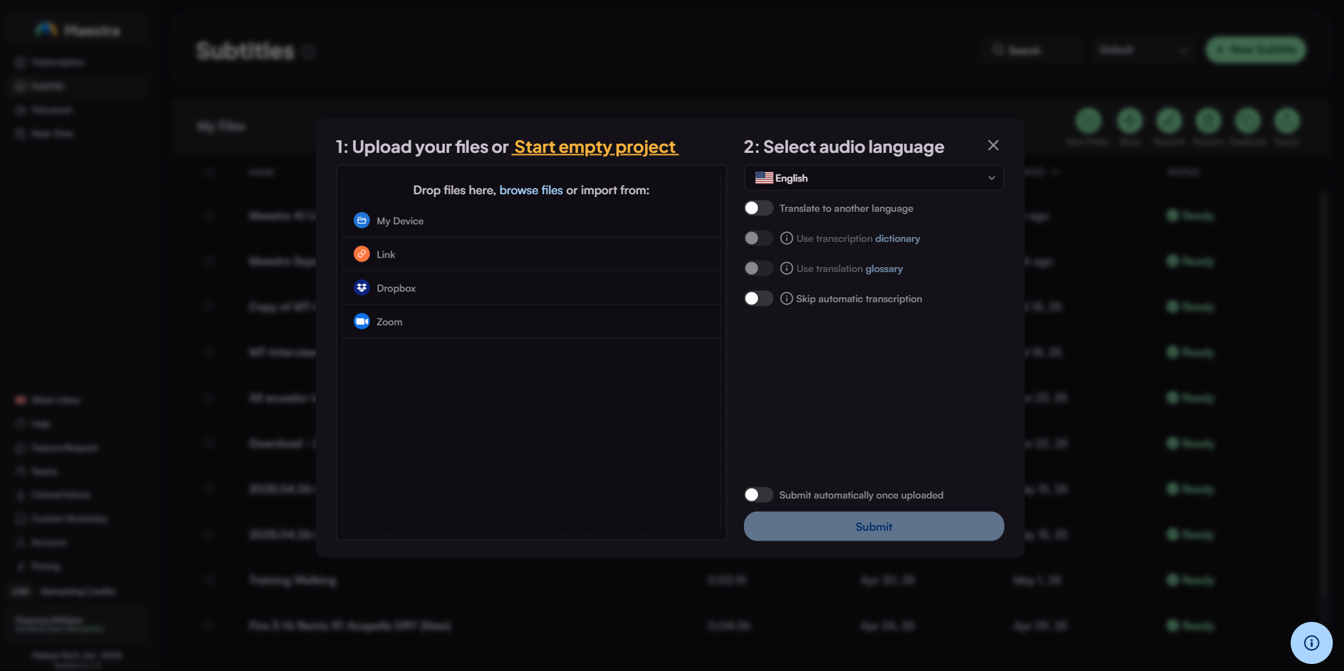 Upload options and language selection